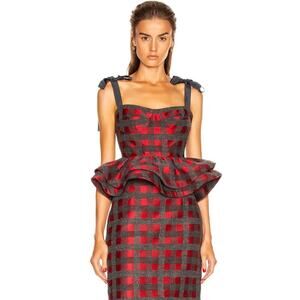 Silvia Tcherassi Red-Gray Check "Delaney" Skirt & "Dakia" Peplum Top Set- Size L